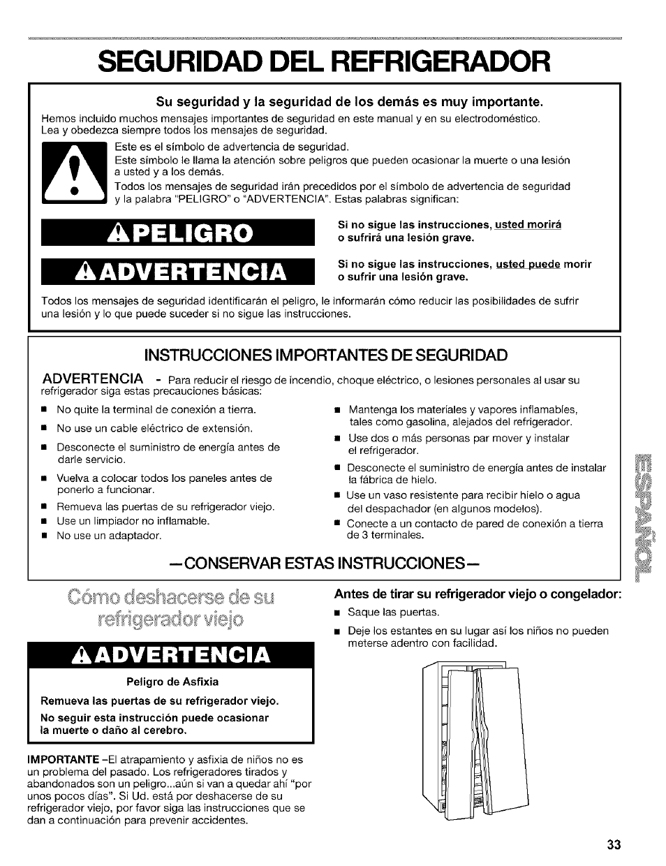 Seguridad del refrigerador, Peligro de asfixia, Antes de tirar su refrigerador viejo o congelador | Apeligro, Aadvertencia | Kenmore 2200128 User Manual | Page 33 / 96