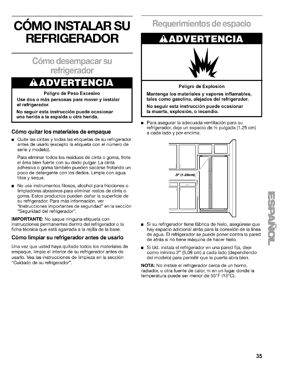 Como instalar su refrigerador, Cómo quitar los materiales de empaque, Cómo limpiar su refrigerador antes de usarlo | Cómo instalar su refrigerador, Aadvertencia | Kenmore 2200128 User Manual | Page 35 / 96