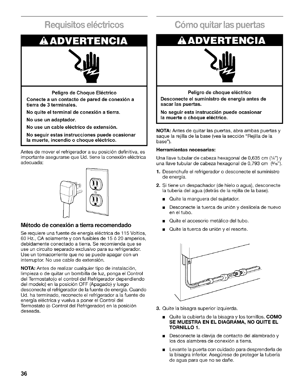 Método de conexión a tierra recomendado, Herramientas necesarias, A advertencia aadvertencia | Kenmore 2200128 User Manual | Page 36 / 96