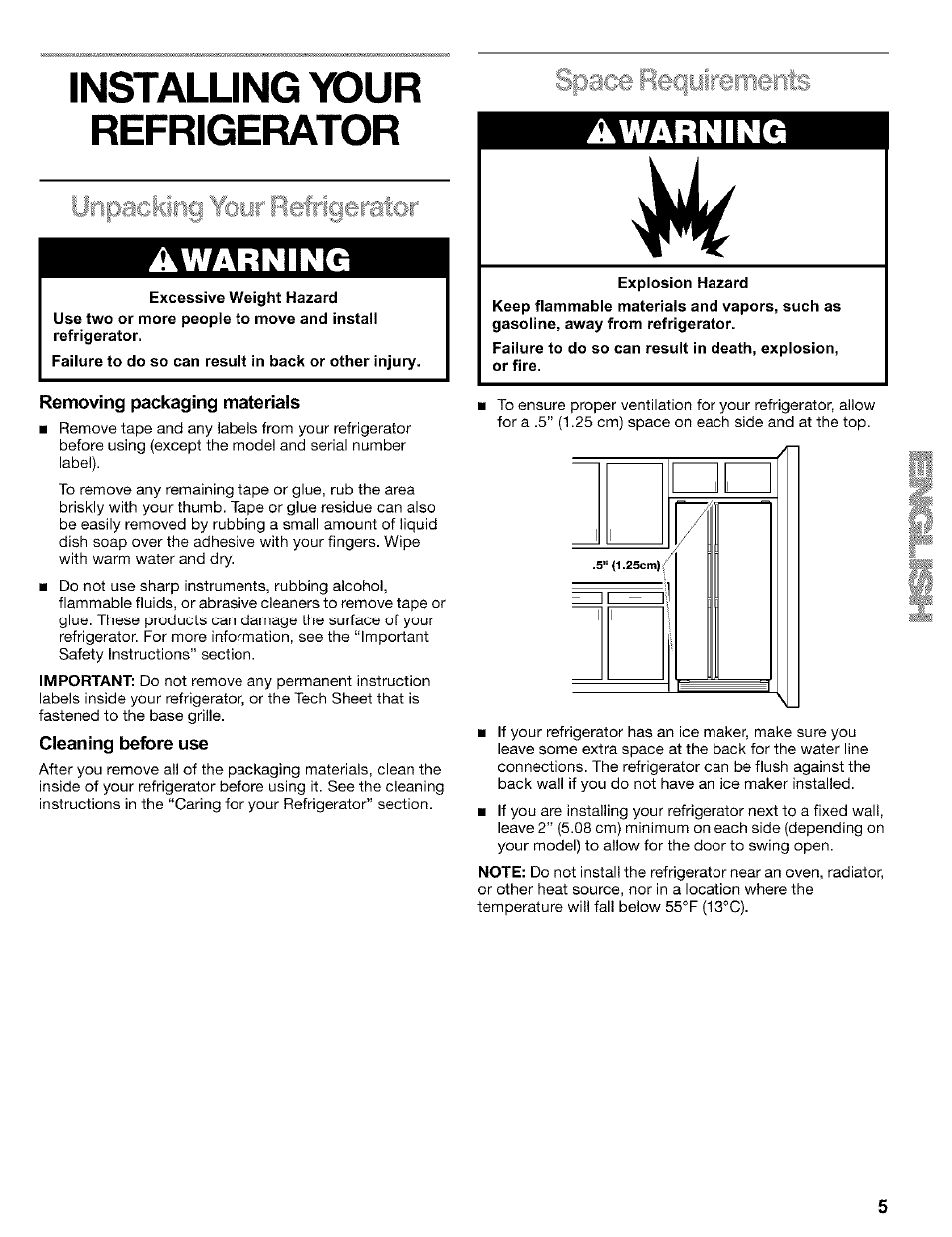 Installing your refrigerator, Removing packaging materials, Cleaning before use | Explosion hazard, Awarning | Kenmore 2200128 User Manual | Page 5 / 96