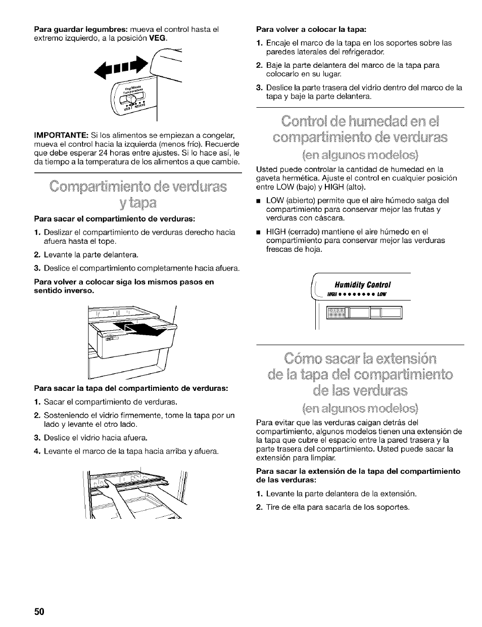 Para sacar la tapa del compartimiento de verduras, De la tapa del compartimiento de las verduras, Fen aigynos rnodefosl | Kenmore 2200128 User Manual | Page 50 / 96