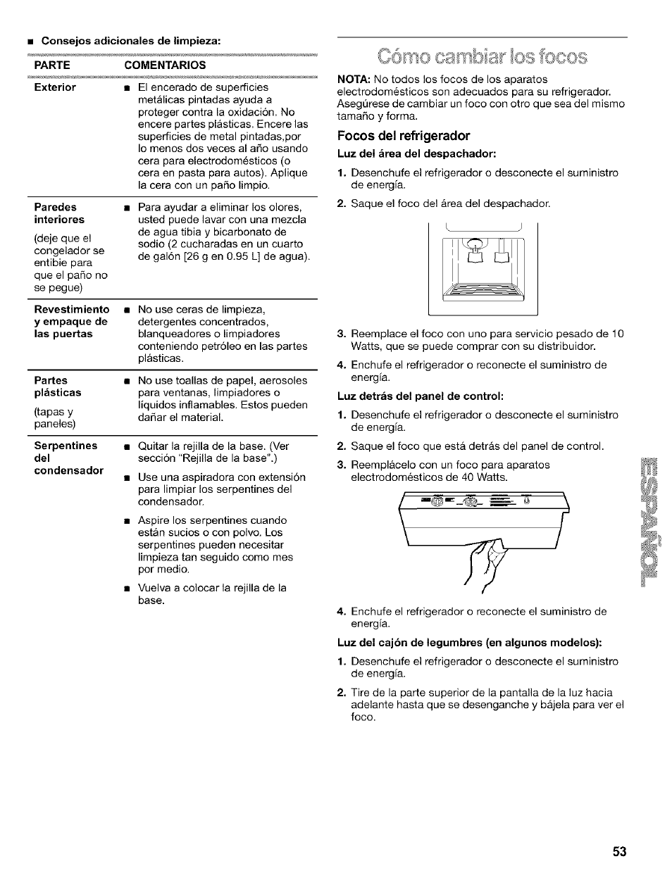 Parte comentarios, Focos del refrigerador, Estantes del refrigerador | Kenmore 2200128 User Manual | Page 53 / 96