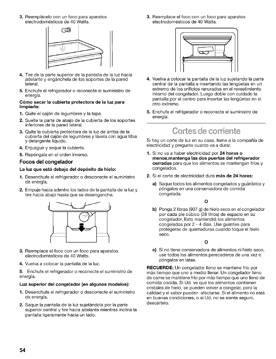 Focos del congelador, Canastilla del congelador | Kenmore 2200128 User Manual | Page 54 / 96