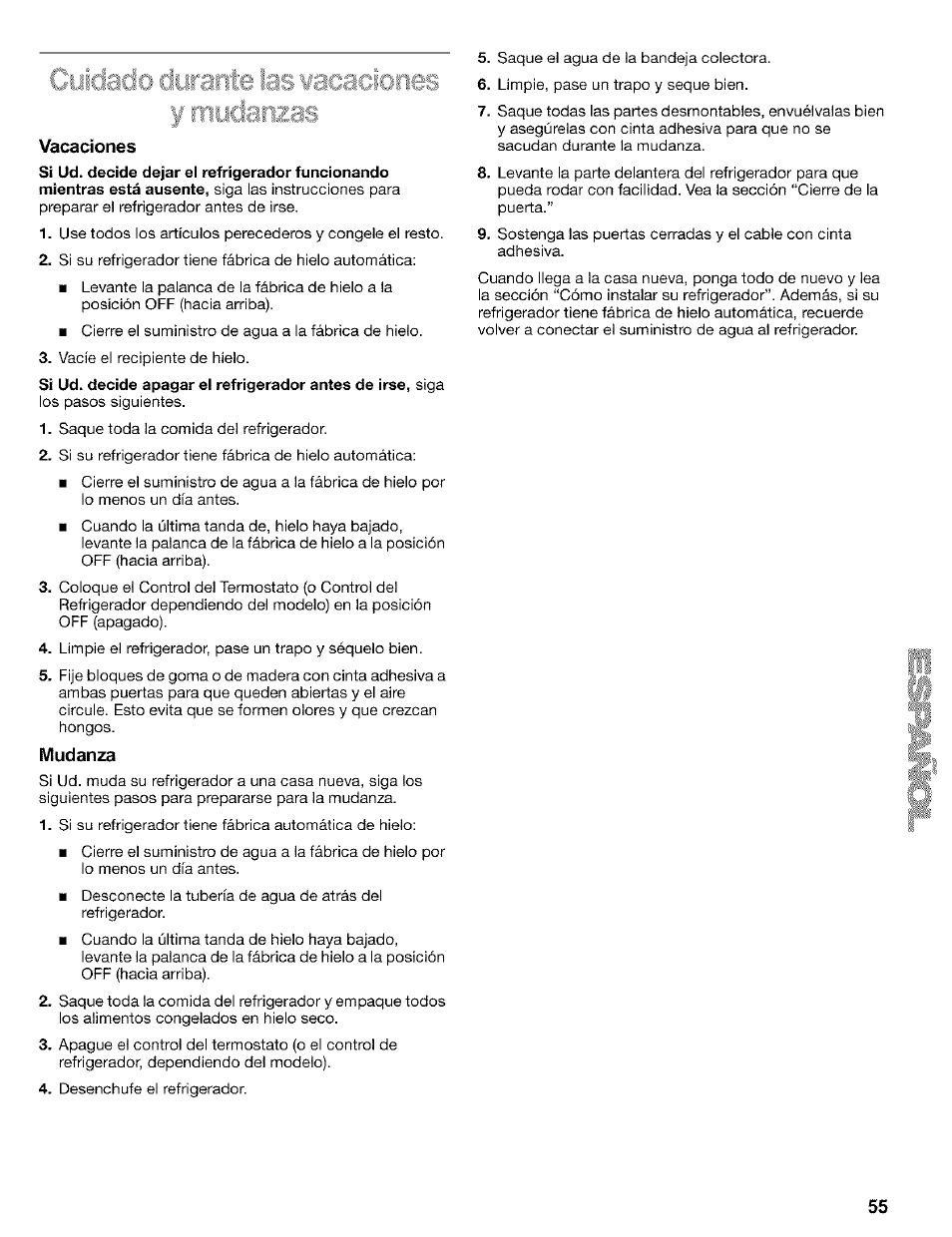 Vacaciones, Mudanza, Ciiúrni^: \ m las wacaciones f mydanzas | Kenmore 2200128 User Manual | Page 55 / 96