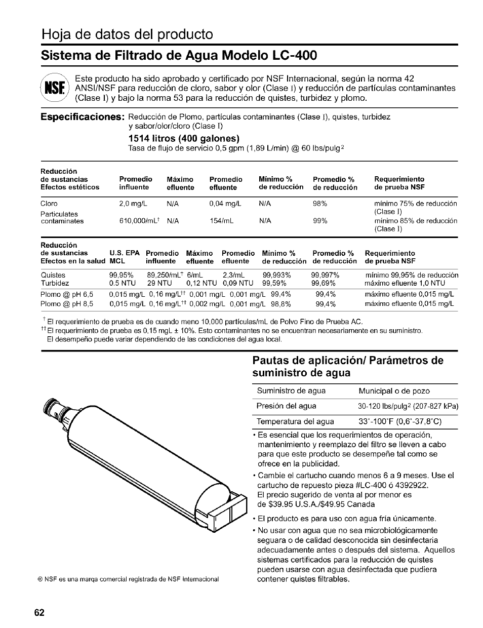 1514 litros (400 galones), Hoja de datos del producto, Sistema de filtrado de agua modelo lc-400 | Kenmore 2200128 User Manual | Page 62 / 96