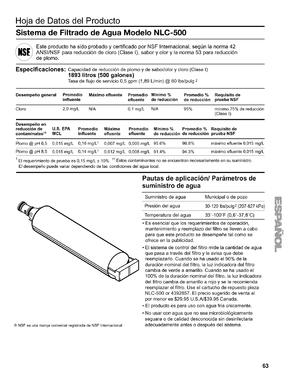 1893 litros (500 galones), Hoja de datos del producto, Sistema de filtrado de agua modelo nlc-500 | Kenmore 2200128 User Manual | Page 63 / 96