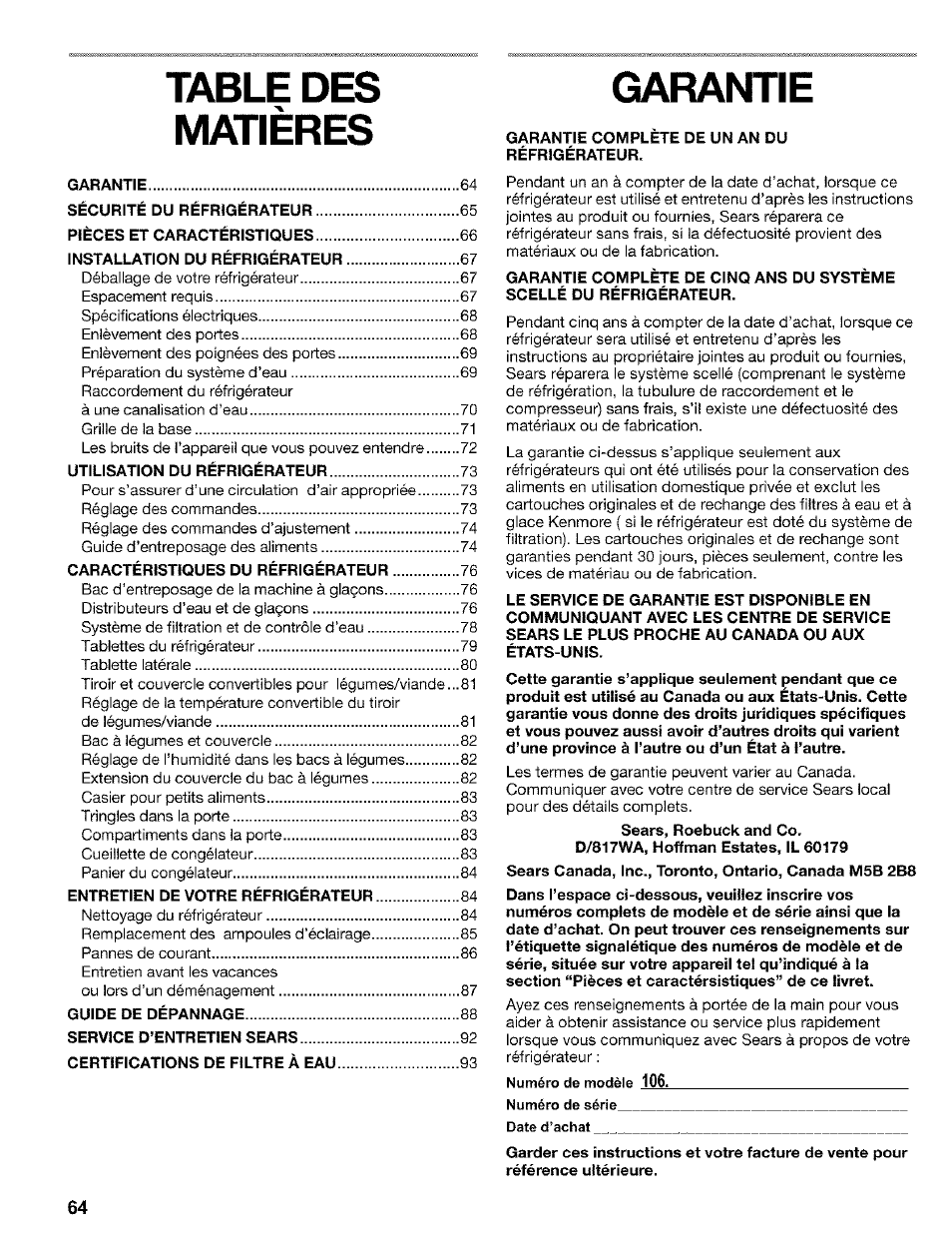 Table des, Matieres, Garantie | Kenmore 2200128 User Manual | Page 64 / 96