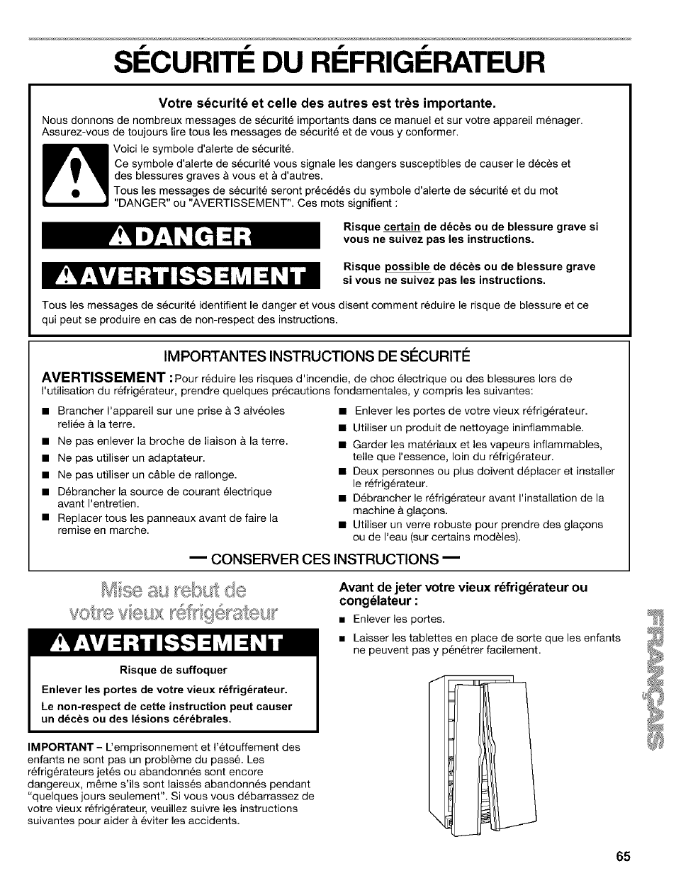 Securite du refrigerateur, Importantes instructions de securite, Conserver ces instructions | Risque de suffoquer, Sécurité du réfrigérateur, Adanger a avertissement, Aavertissement | Kenmore 2200128 User Manual | Page 65 / 96