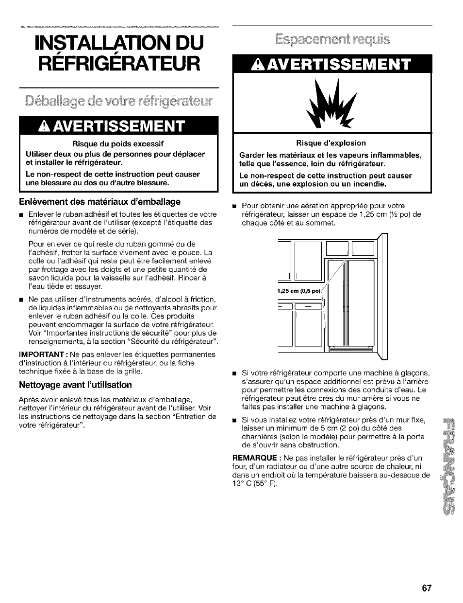 Installation du, Refrigerateur, Enlèvement des matériaux d’emballage | Nettoyage avant l’utilisation, Risque d'explosion, Aavertissement | Kenmore 2200128 User Manual | Page 67 / 96