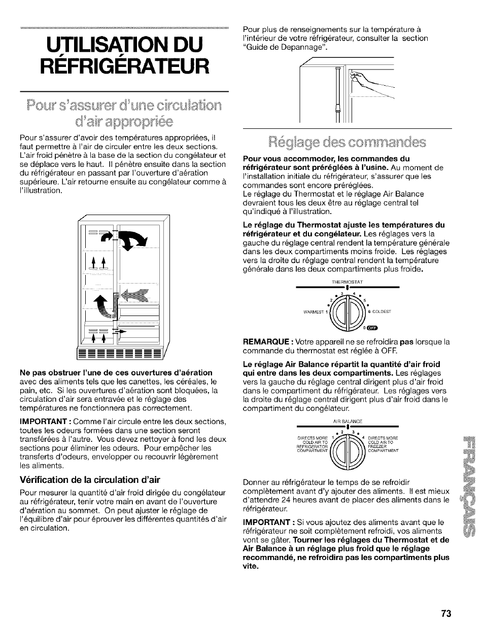 Utilisation du, Refrigerateur, Ne pas obstruer l’une de ces ouvertures d’aération | Vérification de la circulation d’air | Kenmore 2200128 User Manual | Page 73 / 96