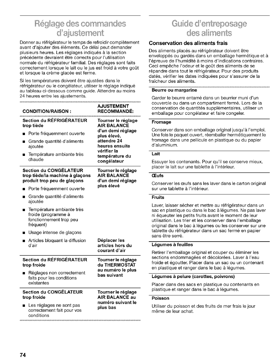 Condition/raison, Section du réfrigérateur trop tiède, Section du congelateur trop froide | Conservation des aliments frais, Beurre ou margarine, Fromage, Lait, Œufs, Fruits, Légumes à feuilles | Kenmore 2200128 User Manual | Page 74 / 96