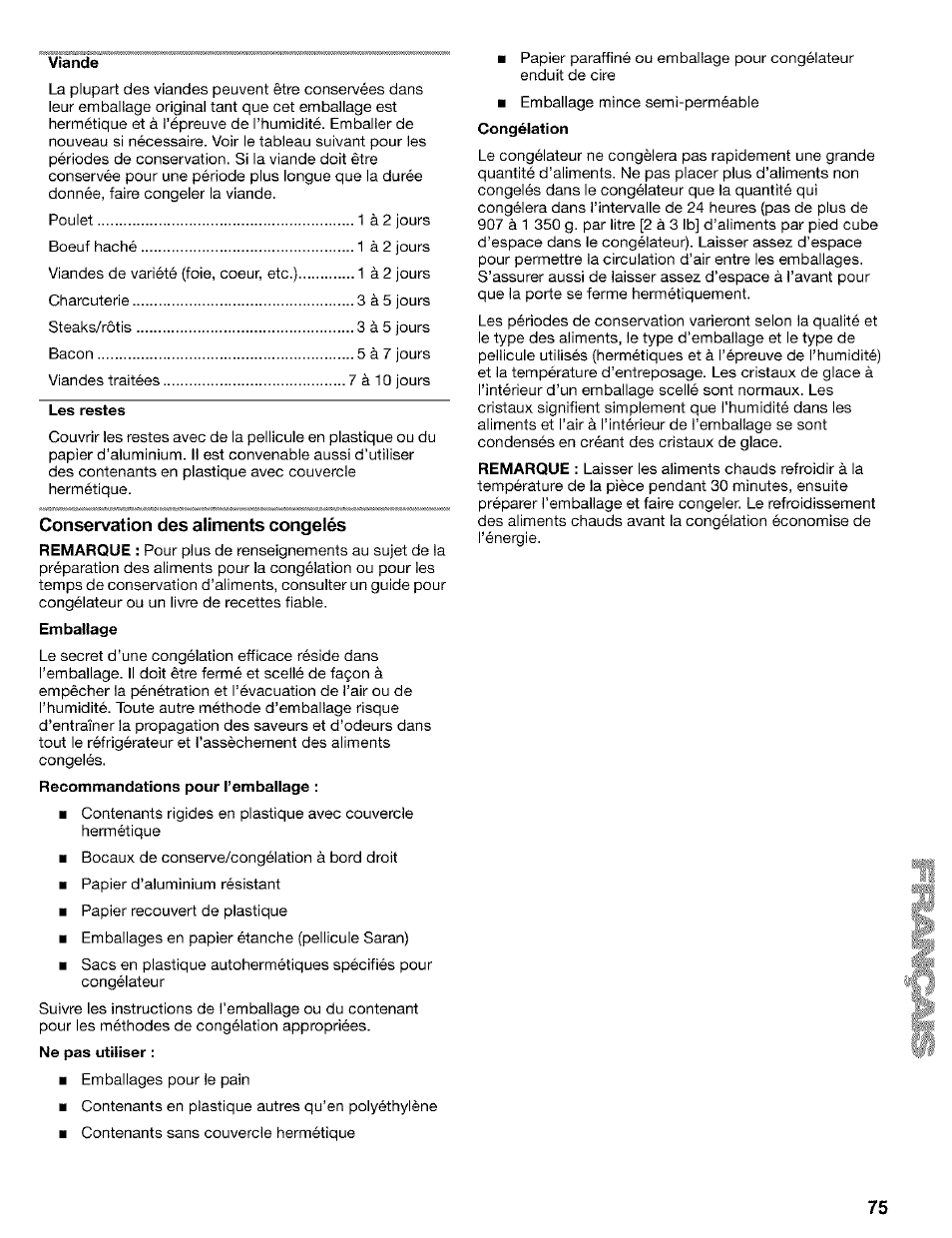 Viande, Les restes, Conservation des aliments congelés | Kenmore 2200128 User Manual | Page 75 / 96