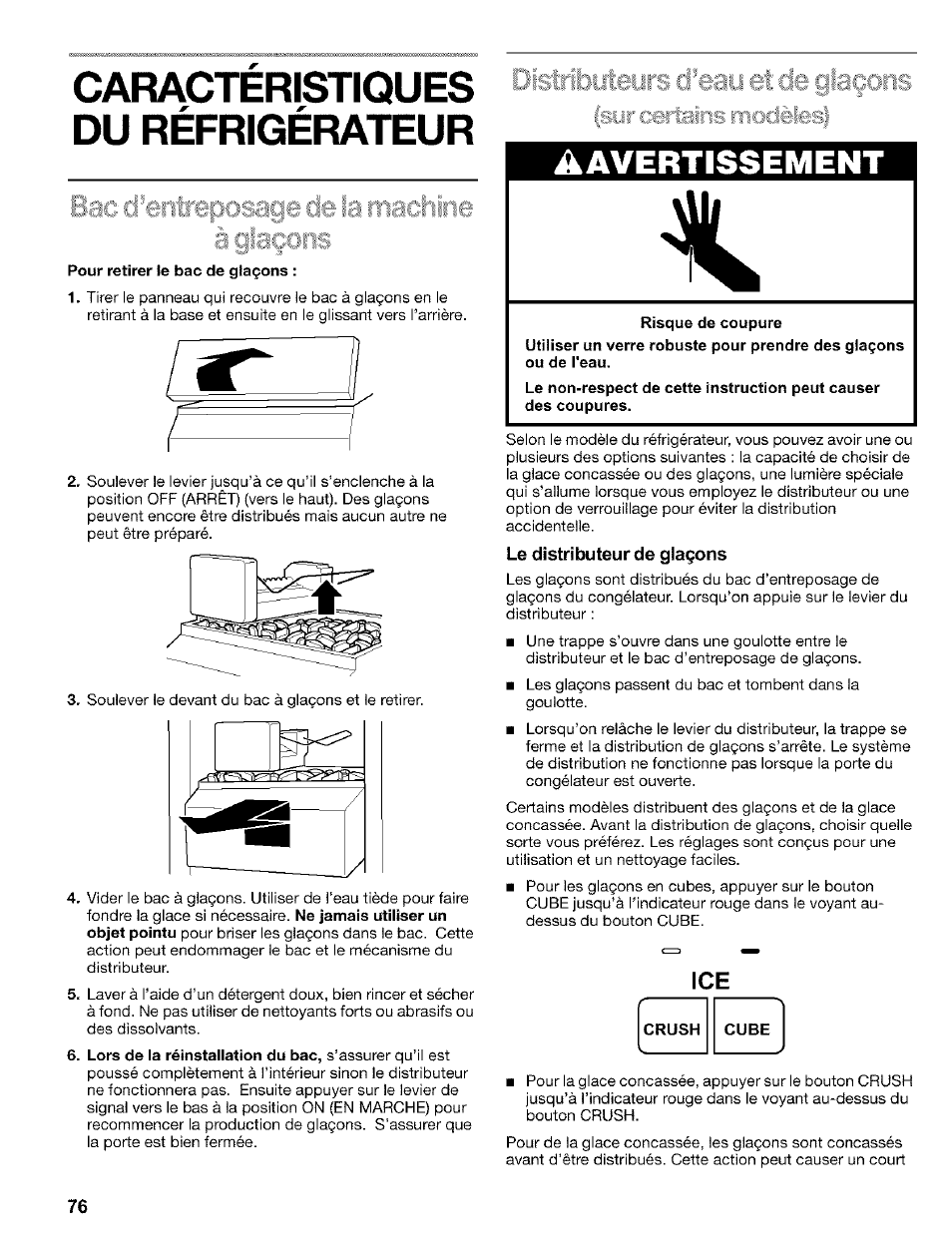 Caracteristiques, Du refrigerateur, Le distributeur de gla^ns | De su refrigerador, Aavertissement | Kenmore 2200128 User Manual | Page 76 / 96