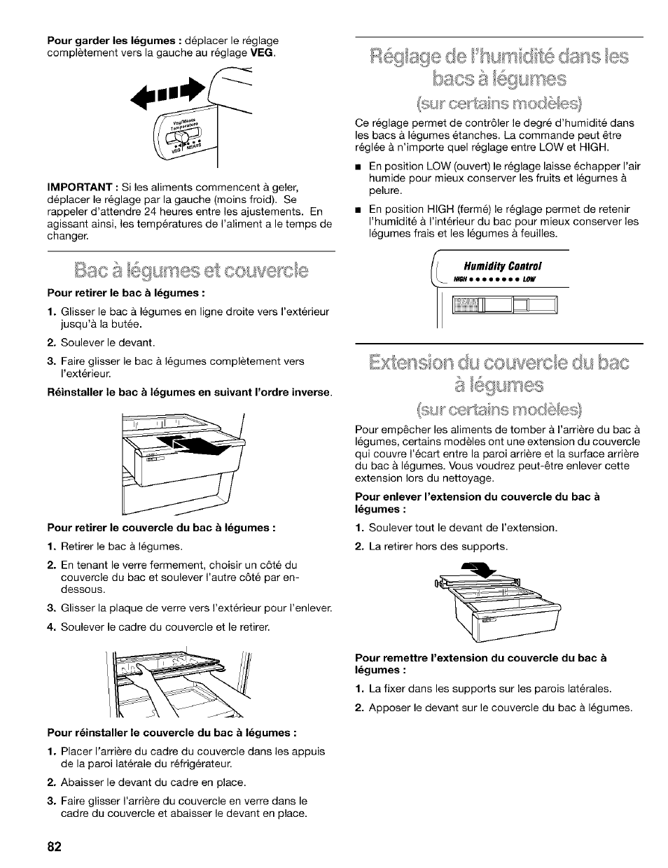 Pour retirer le bac à légumes, Pour retirer le couvercle du bac à légumes, Pour réinstaller le couvercle du bac à légumes | Extension du couvercle du bac à légumes | Kenmore 2200128 User Manual | Page 82 / 96