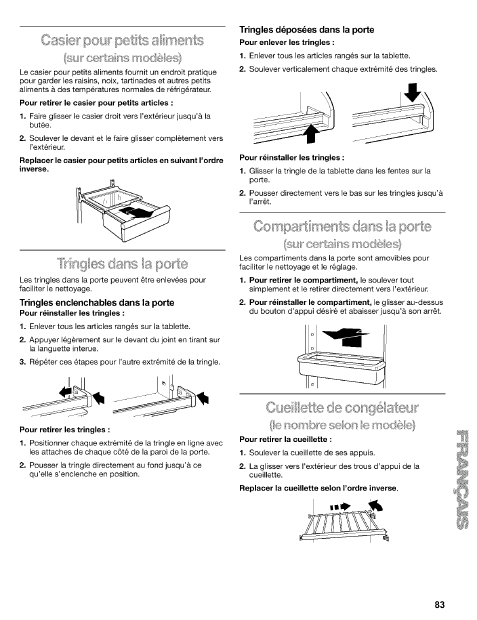 Tringles enclenchables dans la porte, Pour retirer les tringles, Tringles déposées dans la porte | Pour réinstaller les tringles, Pour retirer la cueillette, Tringles dans la porte, Daiis fa poile, Syr certains rïi€iclèles, Yirf ci011c|@lclt©ljf | Kenmore 2200128 User Manual | Page 83 / 96