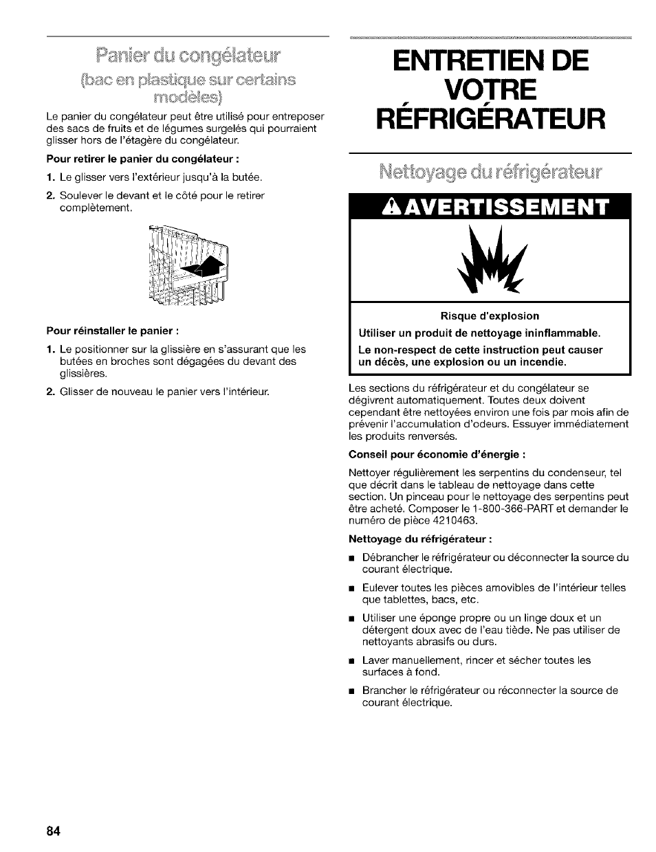 Issii, Emtretien de votre, Réfrigérateur | Risque d'explosion, Emtretien de votre réfrigérateur, Âavertissement | Kenmore 2200128 User Manual | Page 84 / 96