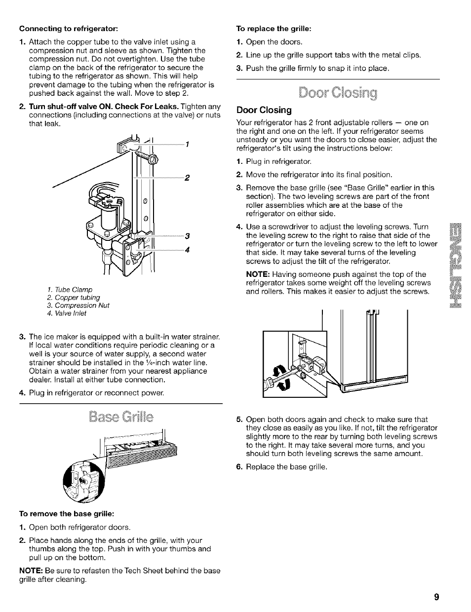 To replace the grille, Door closing, To remove the base grille | Kenmore 2200128 User Manual | Page 9 / 96