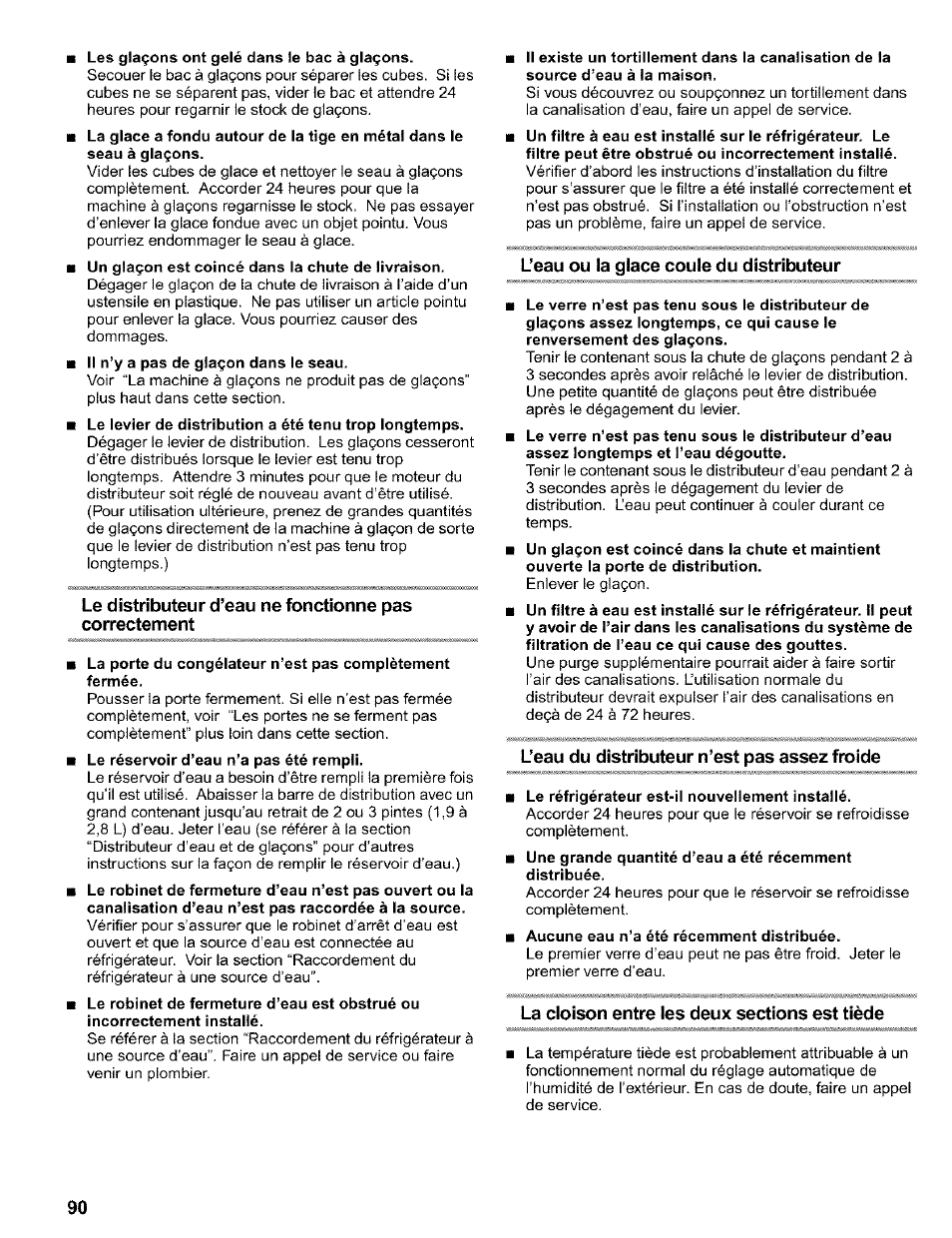 Les glaçons ont gelé dans le bac à glaçons, L’eau ou la glace coule du distributeur, L’eau du distributeur n’est pas assez froide | Le réfrigérateur est-il nouvellement installé, Aucune eau n’a été récemment distribuée, La cloison entre les deux sections est tiède | Kenmore 2200128 User Manual | Page 90 / 96