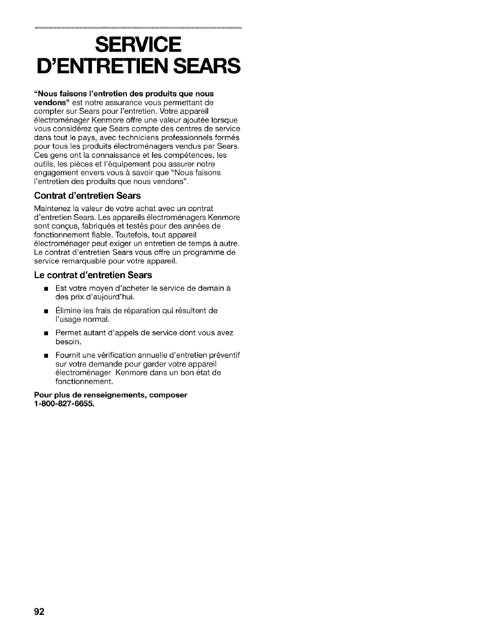 Service, D’entretien sears, Contrat d’entretien sears | Le contrat d’entretien sears, Service d’entretien sears | Kenmore 2200128 User Manual | Page 92 / 96