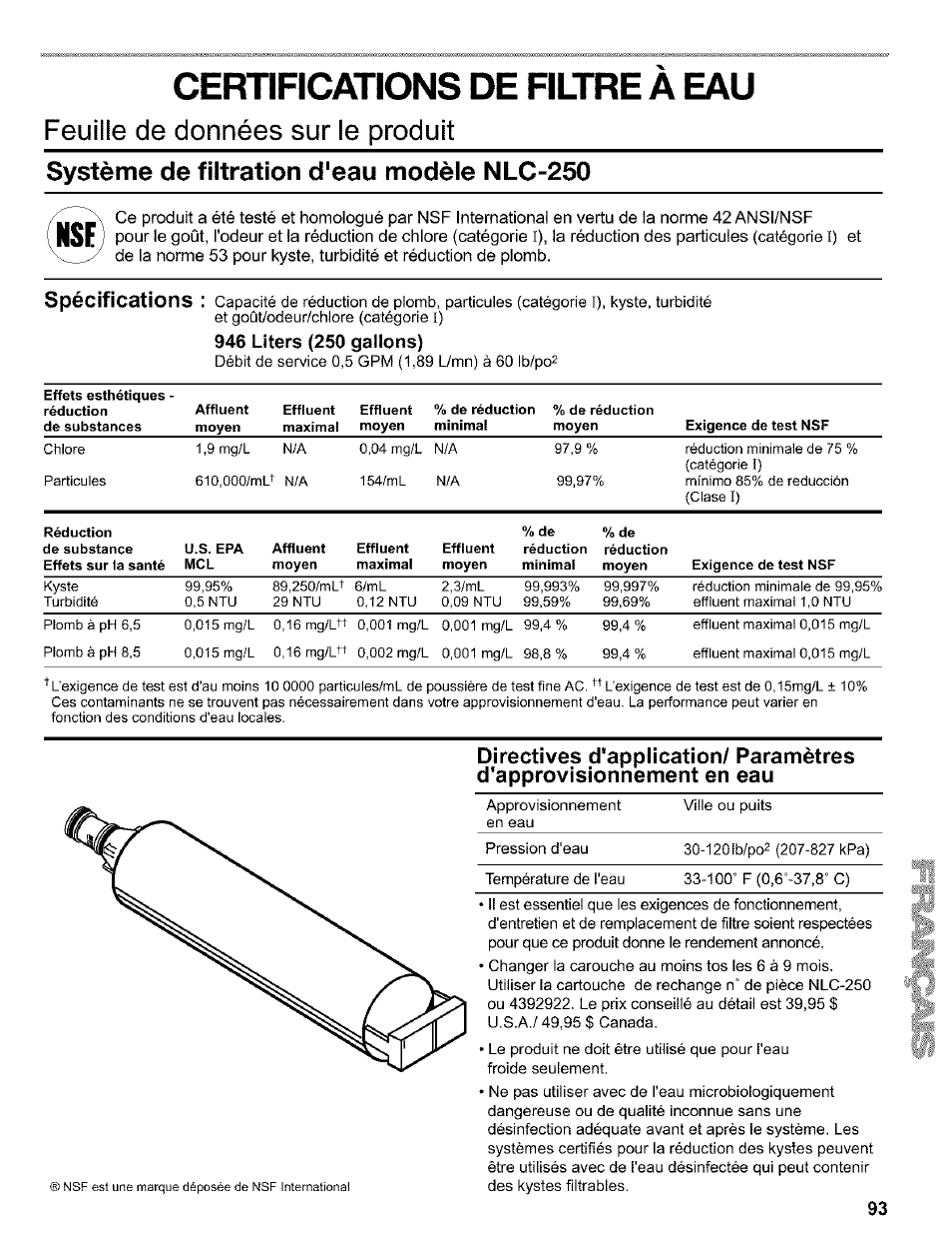 946 liters (250 gallons), Certifications de filtre a eau, Feuille de données sur le produit | Système de filtration d'eau modèle nlc-250, Spécifications | Kenmore 2200128 User Manual | Page 93 / 96