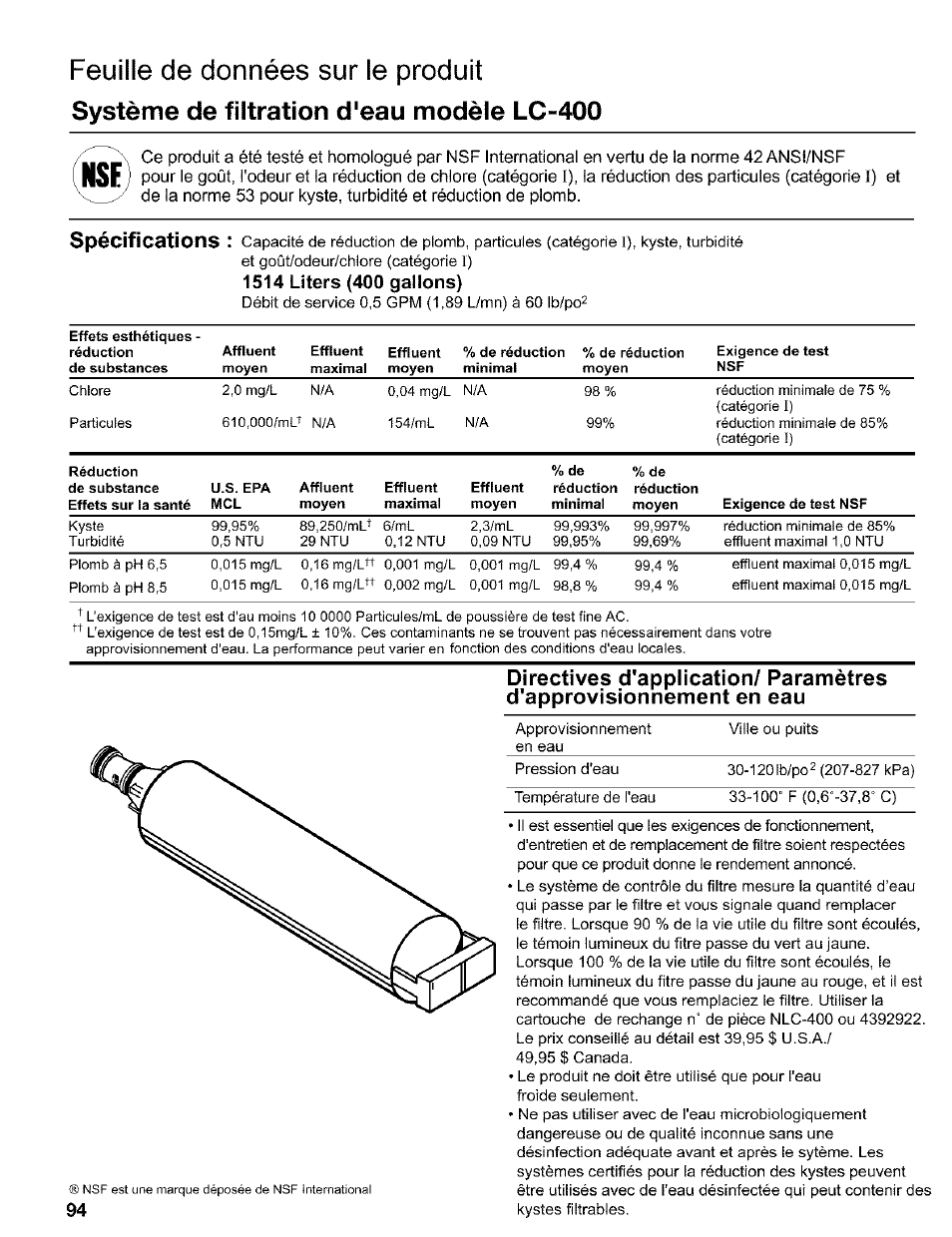 1514 liters (400 gallons), Feuille de données sur le produit, Système de filtration d'eau modèle lc-400 | Spécifications | Kenmore 2200128 User Manual | Page 94 / 96