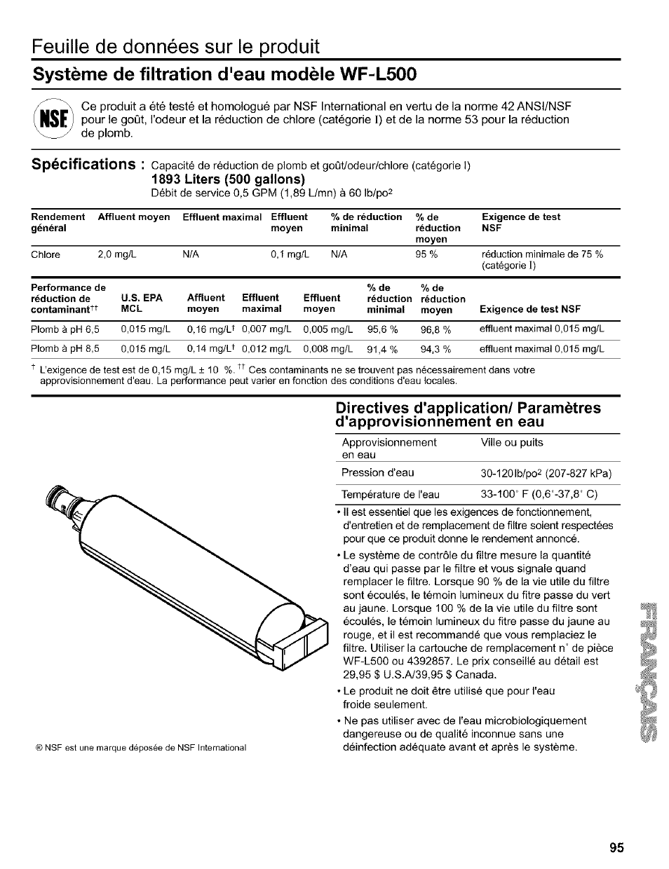 1893 liters (500 gallons), Feuille de données sur le produit, Système de filtration d'eau modèle wf-l500 | Spécifications | Kenmore 2200128 User Manual | Page 95 / 96