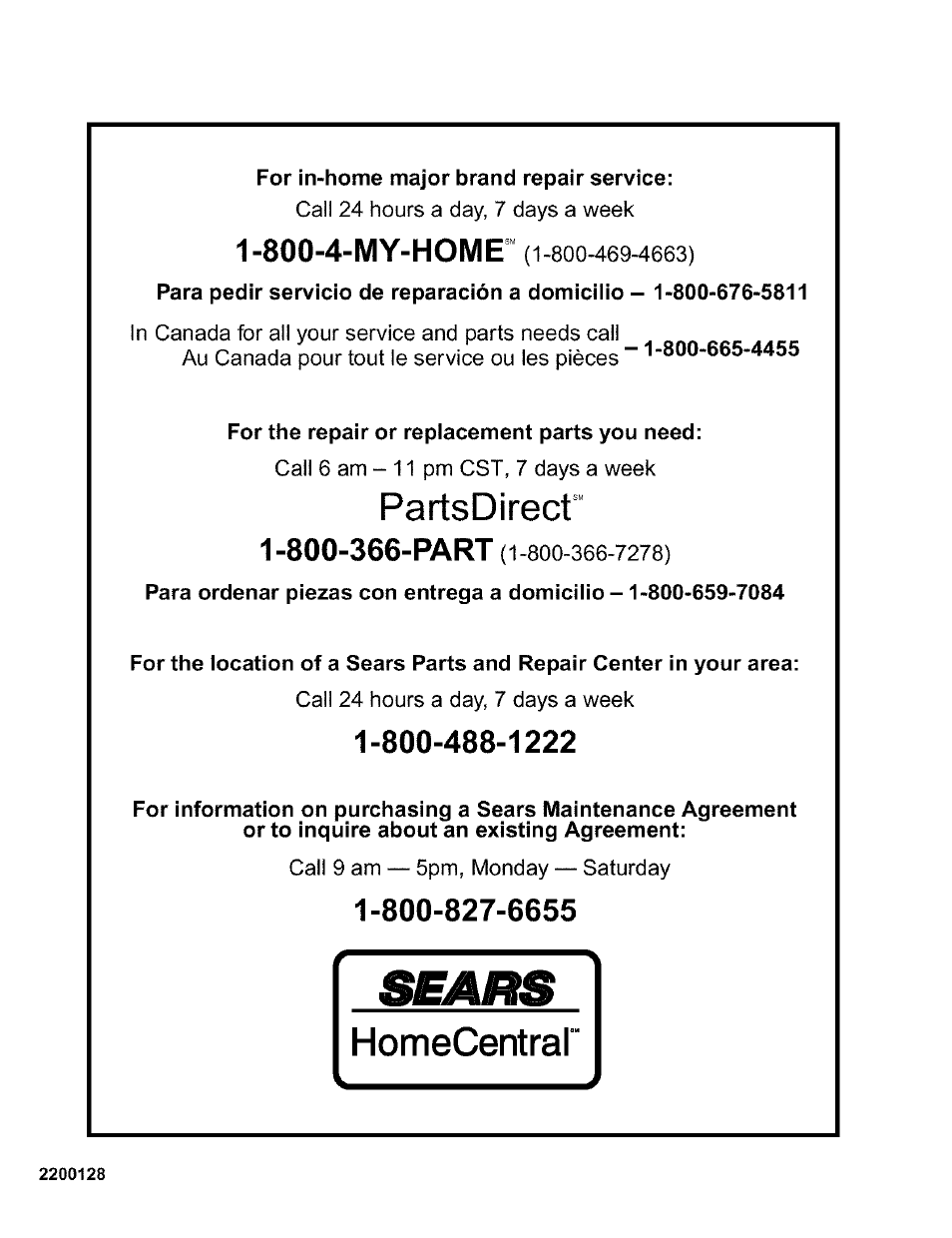 Partsdirect, 800-4-my-home | Kenmore 2200128 User Manual | Page 96 / 96