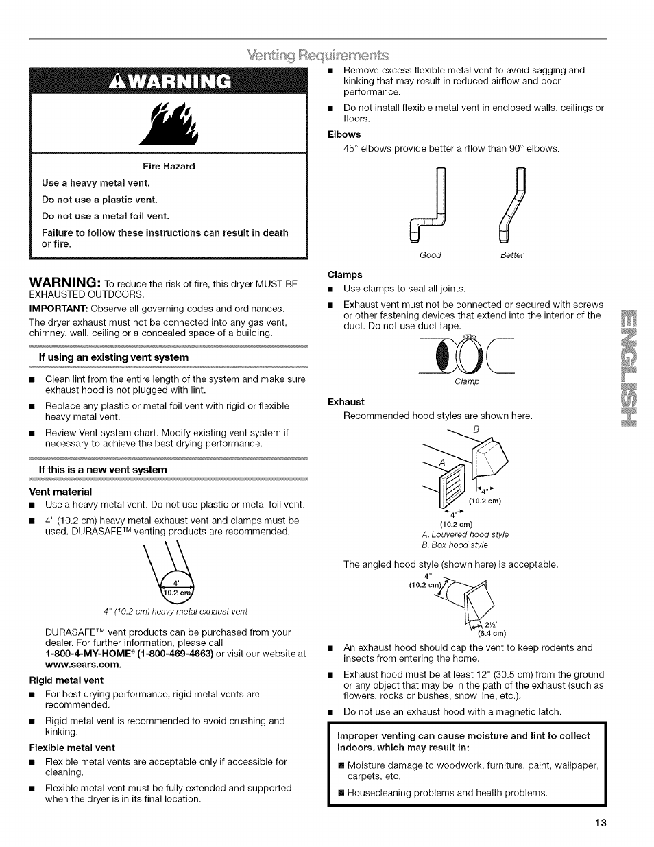 Elbows, If using an existing vent system, If this is a new vent system vent material | Flexible metal vent, Clamps, Exhaust, Ifenting reqoireinents, Warning | Kenmore ELITE OASIS 110.6703 User Manual | Page 13 / 56