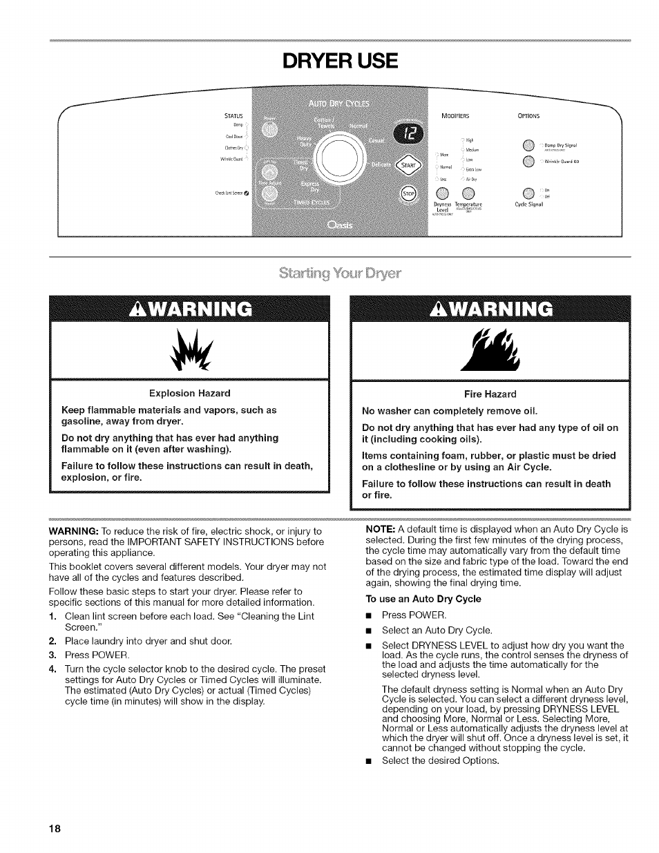 Dryer use, Awarning | Kenmore ELITE OASIS 110.6703 User Manual | Page 18 / 56