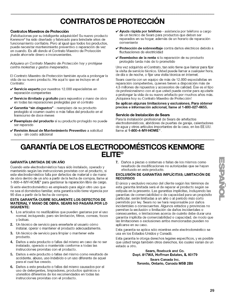 Contratos de proteccion, Garantia de los electrodomesticos kenmore, Elitp | Garantia limitada de un ano, Garantia de los electrodomesticos kenmore elitp, Contratos maestros de protección, Servicio de instalación de sears | Kenmore ELITE OASIS 110.6703 User Manual | Page 29 / 56