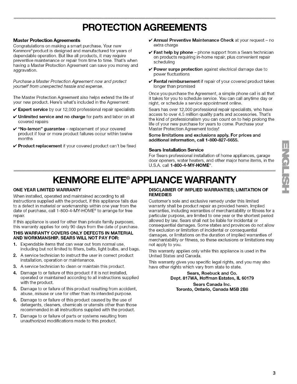Protection agreements, Kenmore elite® appliance warranty, One year limited warranty | Master protection agreements, Sears installation service | Kenmore ELITE OASIS 110.6703 User Manual | Page 3 / 56