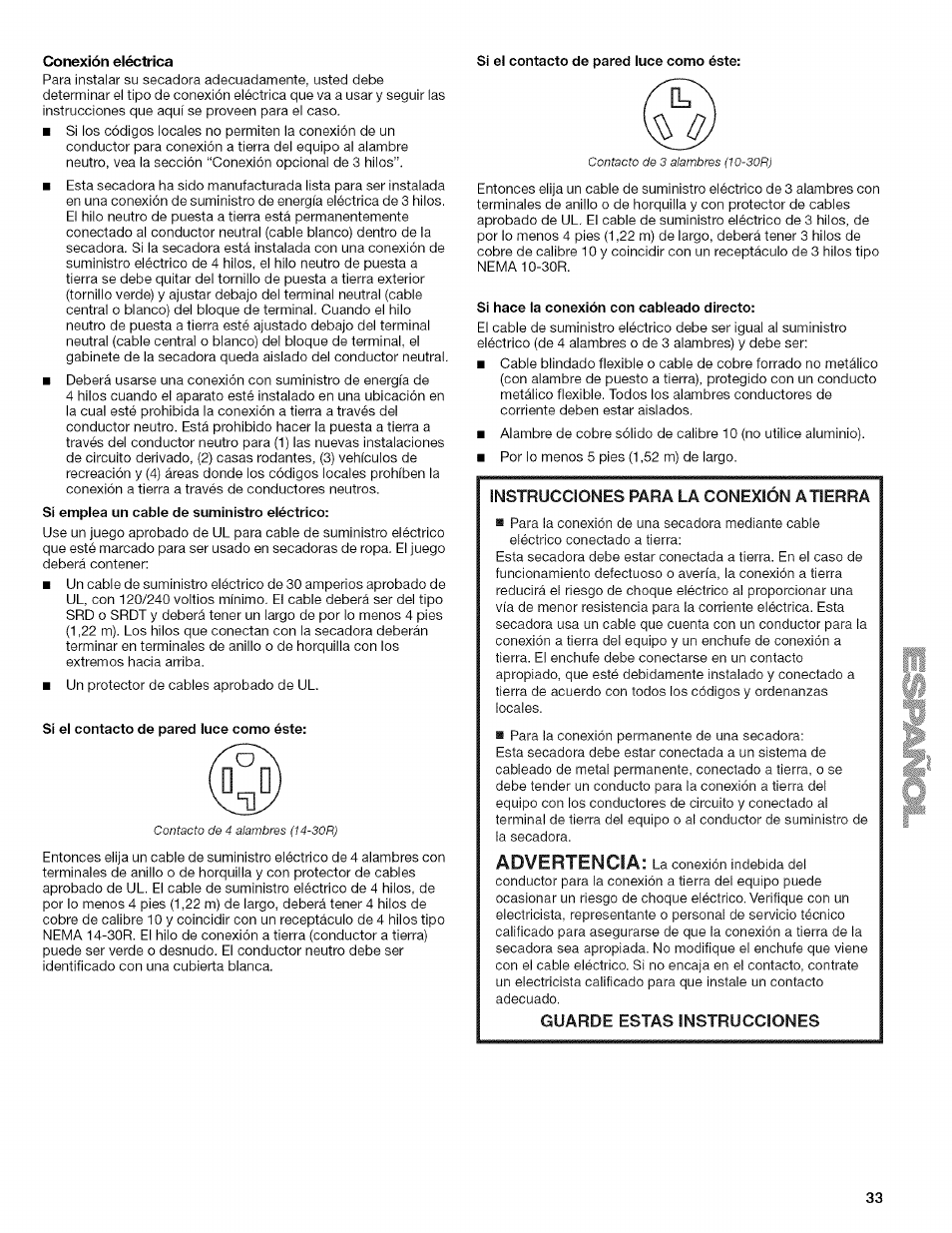 Si el contacto de pared luce como éste, Si hace la conexión con cableado directo, Advertencia | Conexión eléctrica, Instrucciones para la conexión atierra, Guarde estas instrucciones | Kenmore ELITE OASIS 110.6703 User Manual | Page 33 / 56