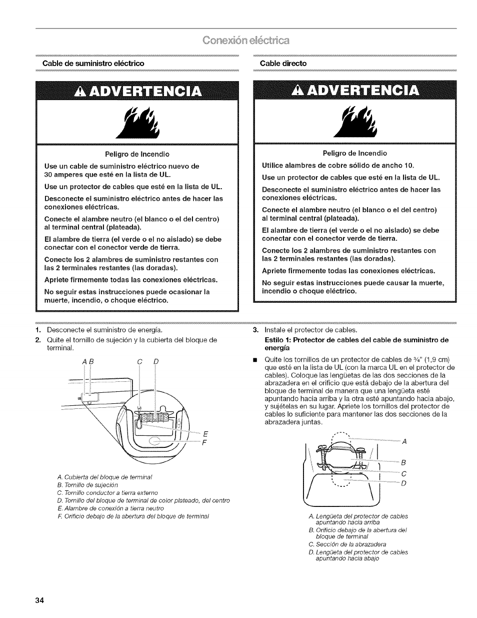 A advertencia aadvertencia, Cable de suministro eléctrico cable directo | Kenmore ELITE OASIS 110.6703 User Manual | Page 34 / 56