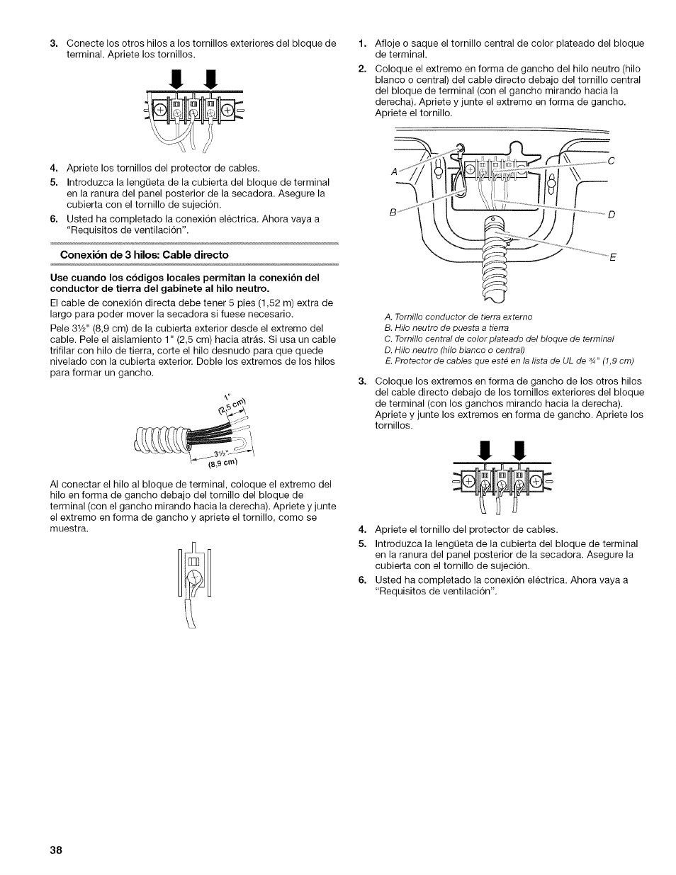 Conexión de 3 hilos: cable directo | Kenmore ELITE OASIS 110.6703 User Manual | Page 38 / 56