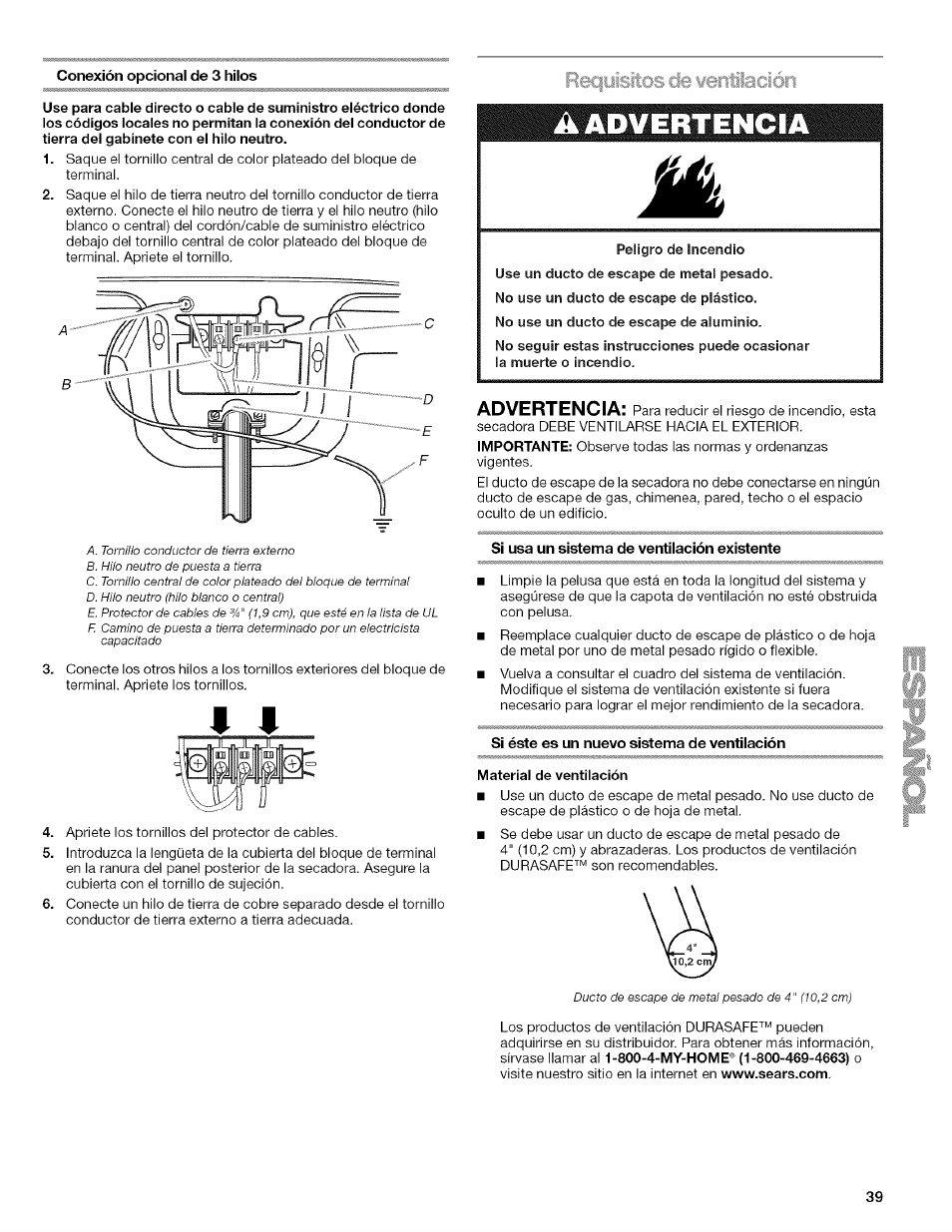 Peligro de incendio, Si usa un sistema de ventiiación existente, R€i|yisios de eeritiiación | Advertencia | Kenmore ELITE OASIS 110.6703 User Manual | Page 39 / 56