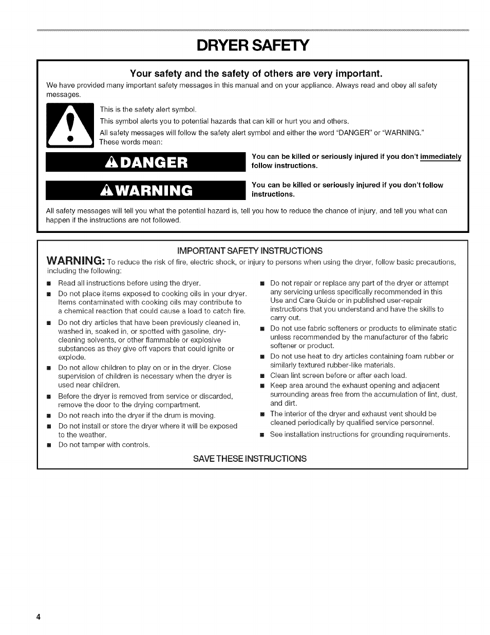 Dryer safety, Adanger, Awarning | Warning | Kenmore ELITE OASIS 110.6703 User Manual | Page 4 / 56