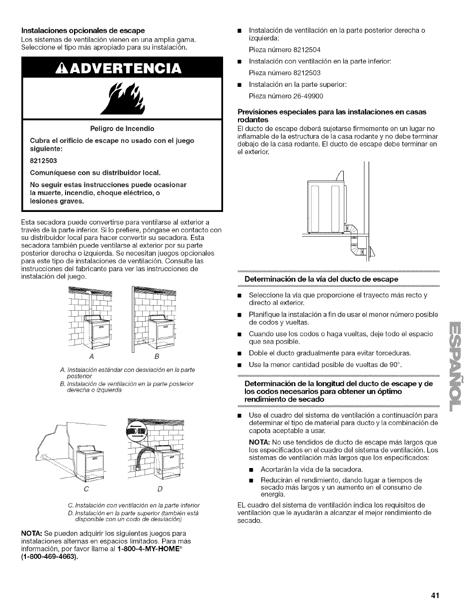 Determinación de la vía del ducto de escape, Aadvertencia | Kenmore ELITE OASIS 110.6703 User Manual | Page 41 / 56