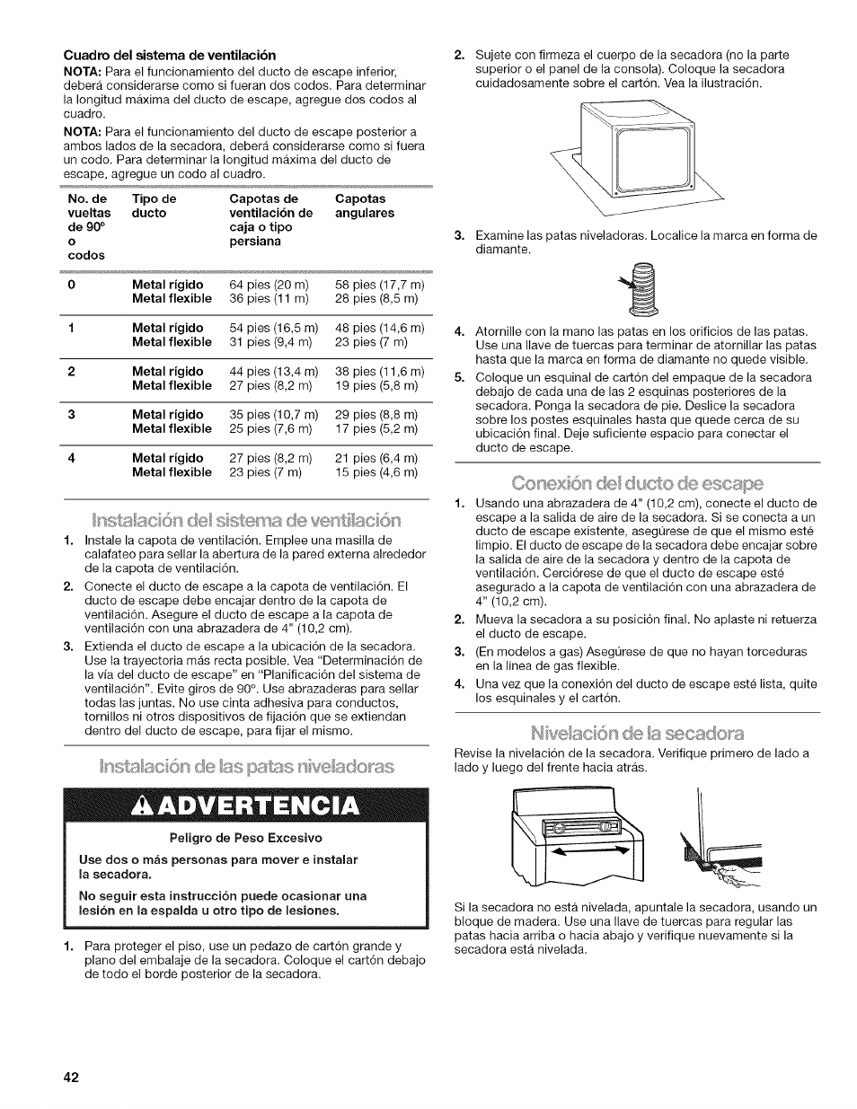 Peligro de peso excesivo, A advertencia | Kenmore ELITE OASIS 110.6703 User Manual | Page 42 / 56