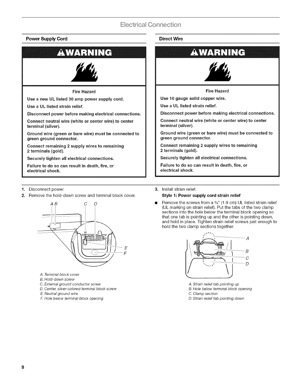 Awarning, Electrical ccinnectlon | Kenmore ELITE OASIS 110.6703 User Manual | Page 8 / 56