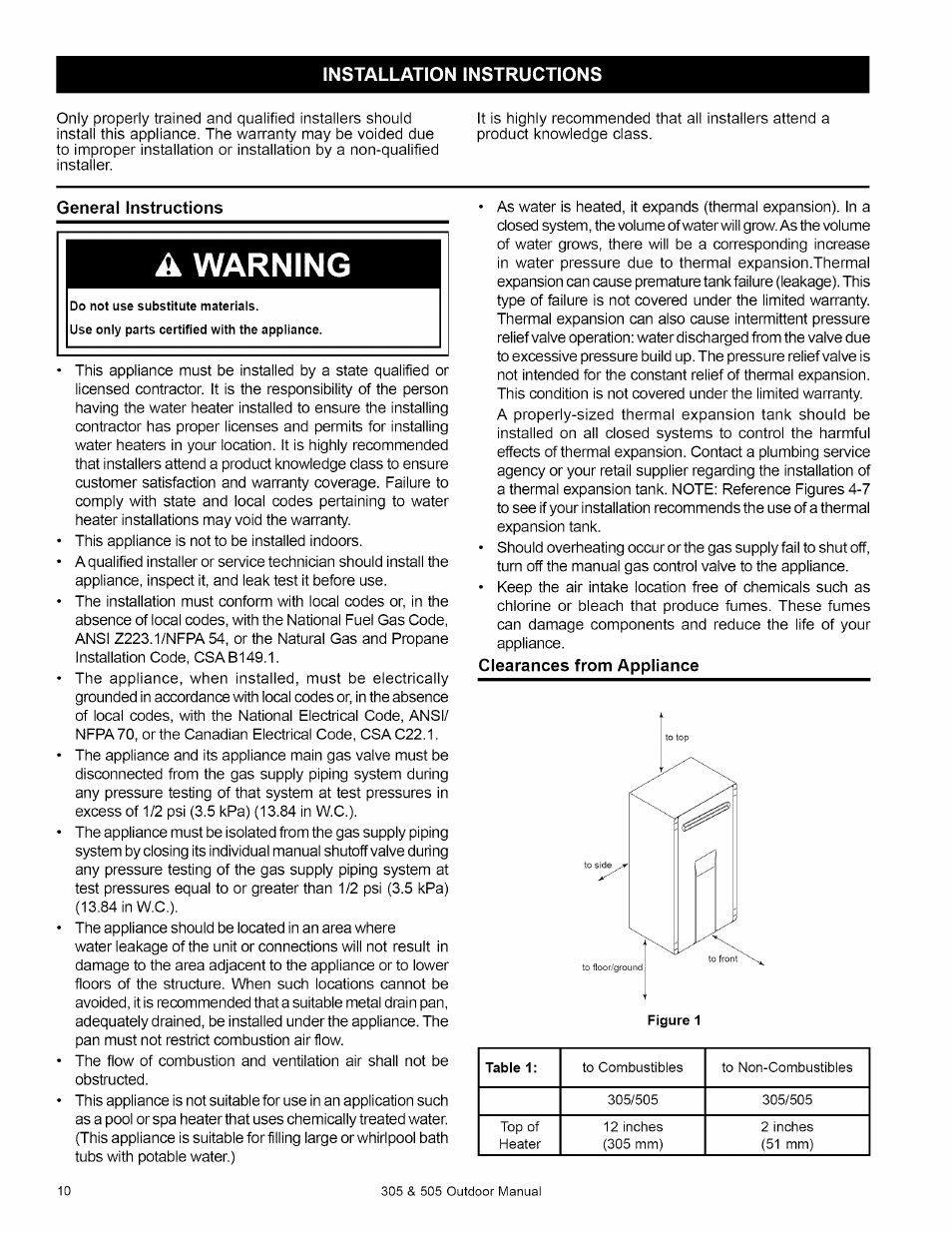 Installation instructions, General instructions, A warning | Clearances from appliance | Kenmore 305 User Manual | Page 10 / 36