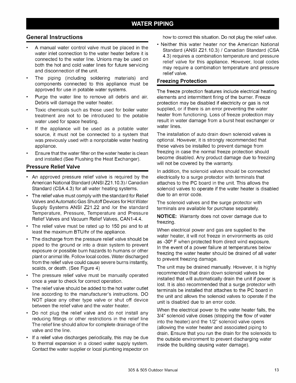 Water piping, General instructions, Pressure relief valve | Water piping general instructions | Kenmore 305 User Manual | Page 13 / 36