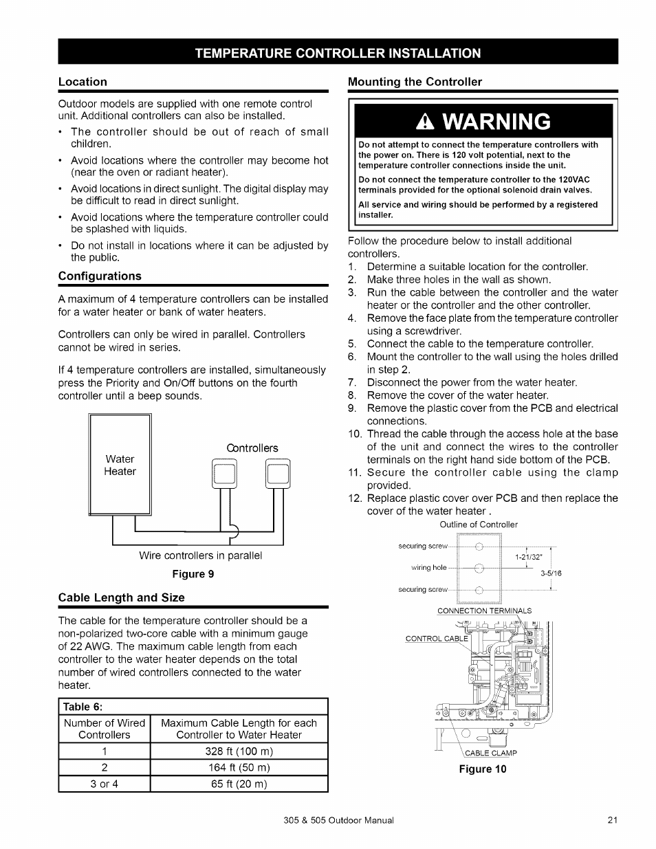 Temperature controller installation, Mounting the controller, Configurations | Cable length and size, A warning | Kenmore 305 User Manual | Page 21 / 36