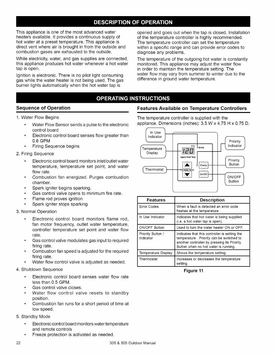 Description of operation, Operating instructions, Sequence of operation | Features available on temperature controllers | Kenmore 305 User Manual | Page 22 / 36
