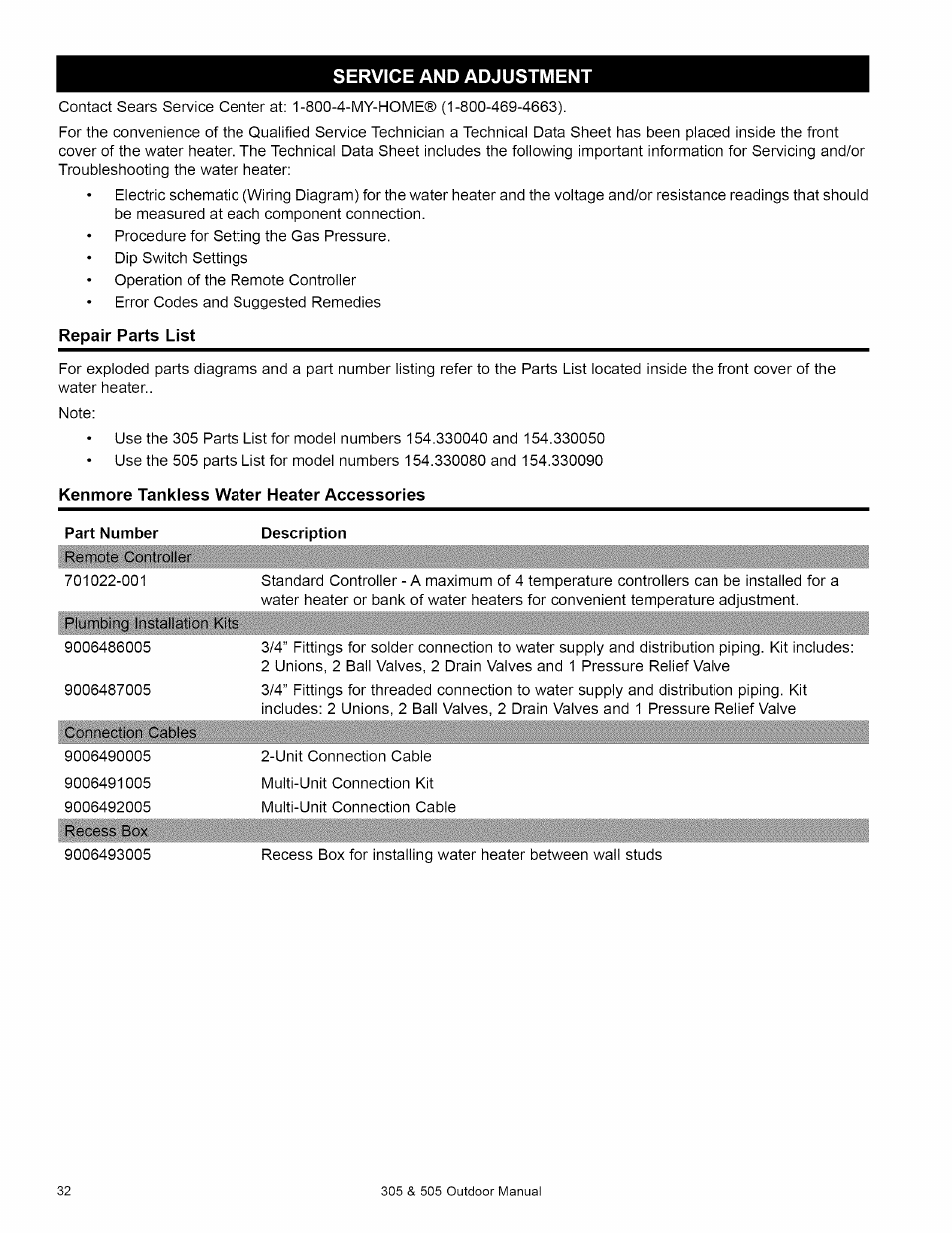 Service and adjustment, Repair parts list, Kenmore tankless water heater accessories | Description, Notes -35 | Kenmore 305 User Manual | Page 32 / 36