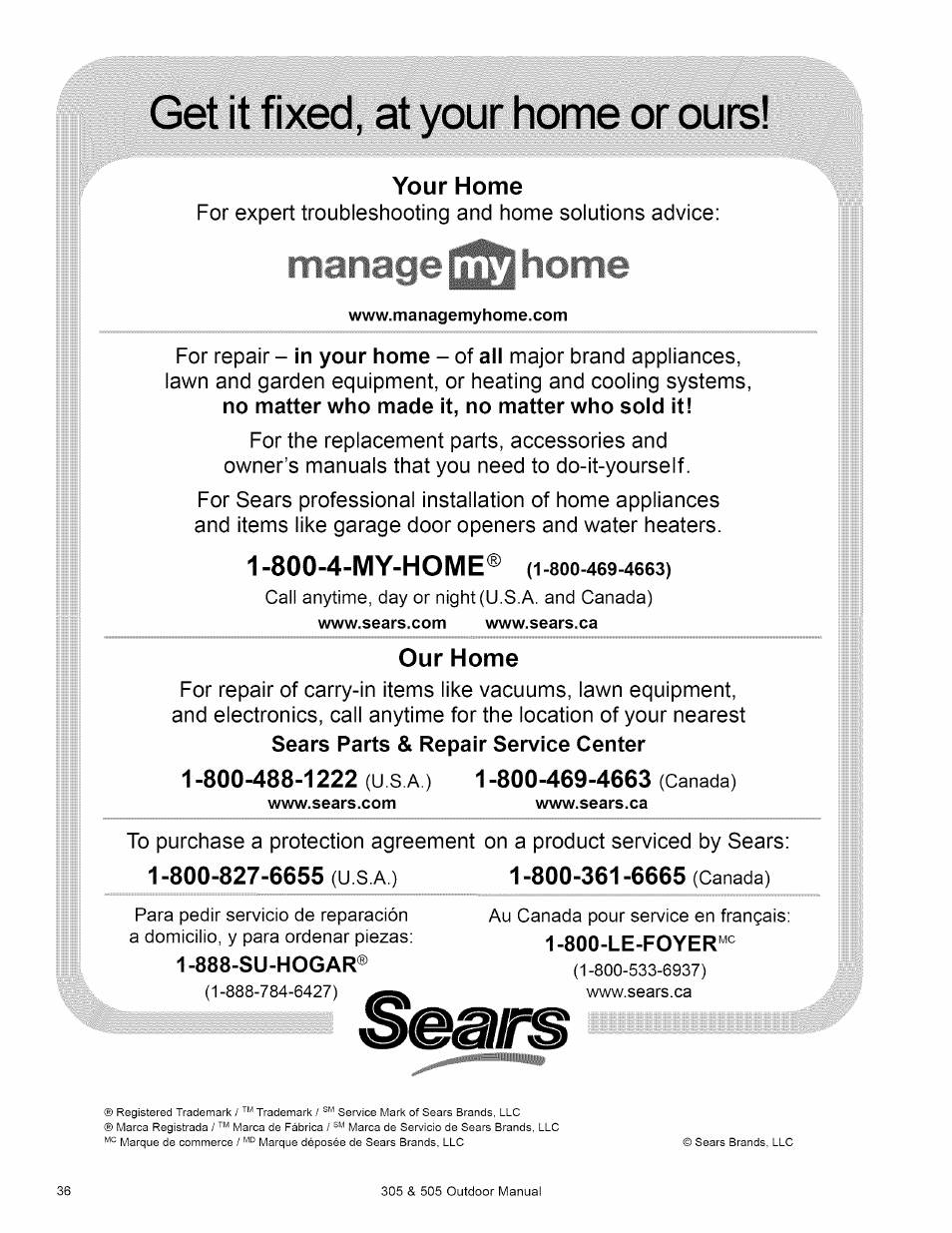 Get it fixed, at your home or ours, 888-su-hogar, 800-4-my-home® (i | Kenmore 305 User Manual | Page 36 / 36