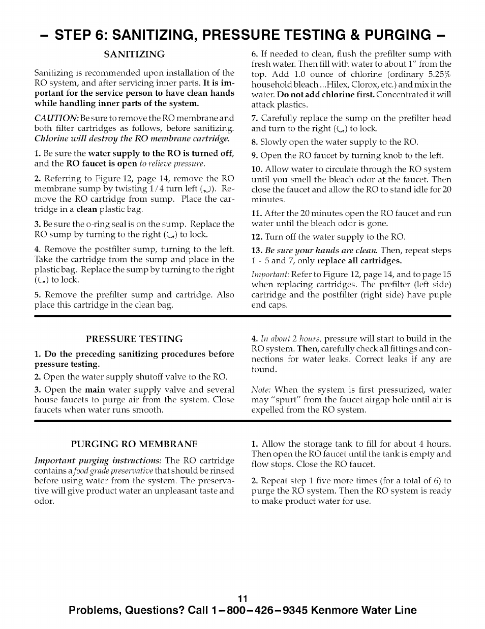 Step 6: sanitizing, pressure testing & purging | Kenmore 625.385700 User Manual | Page 11 / 24