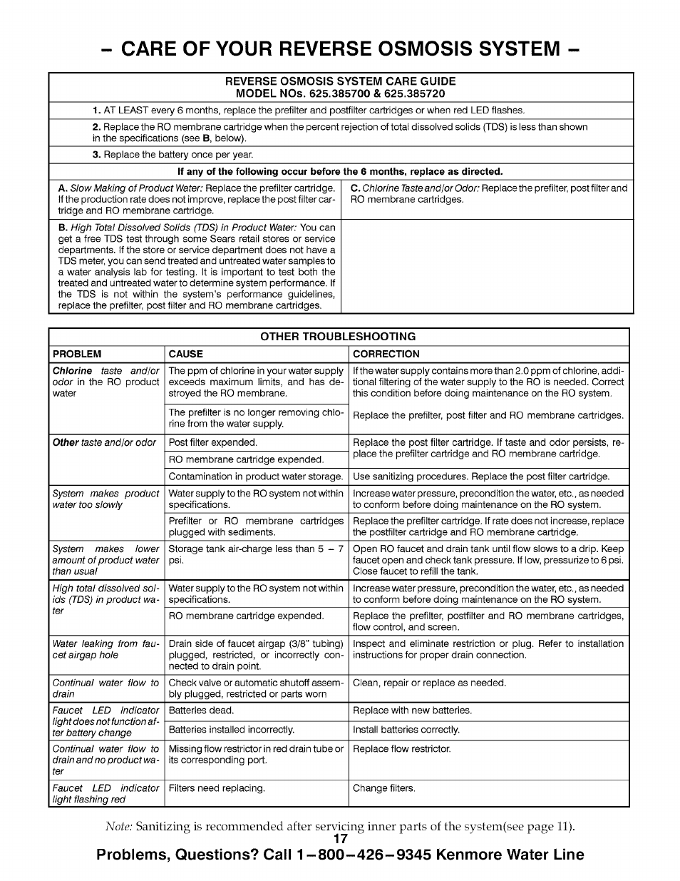 Care of your reverse osmosis system | Kenmore 625.385700 User Manual | Page 17 / 24