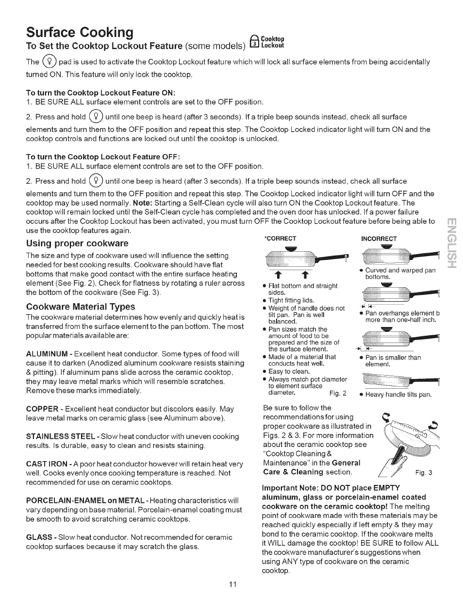 To turn the cooktop lockout feature on, To turn the cooktop lockout feature off, Using proper cookware | Cookware material types, Surface cooking | Kenmore 790.9643 User Manual | Page 11 / 23