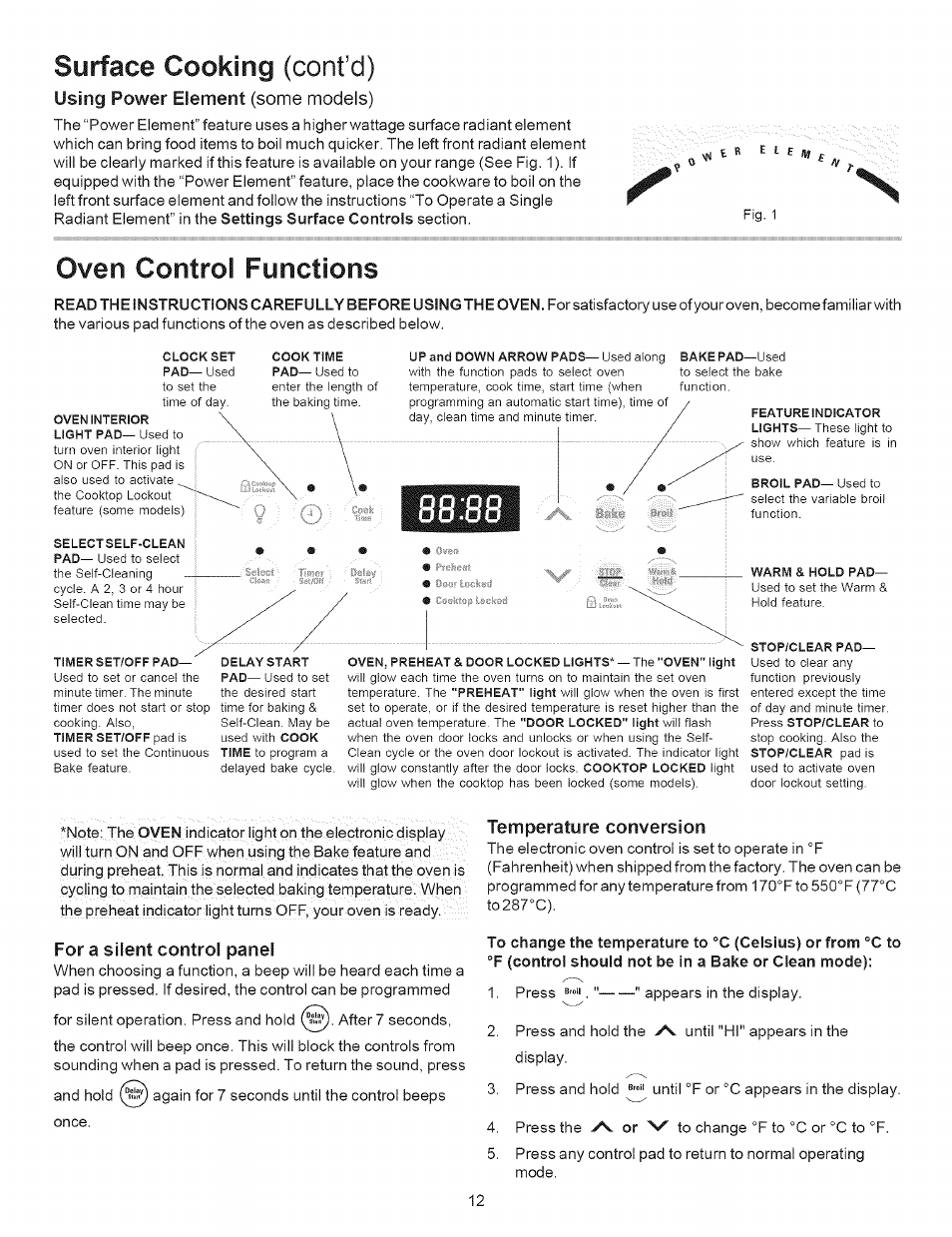 Using power element (some models), Temperature conversion, Surface cooking (cont’d) | Oven control functions, Settings surface controls, Celsius) or from, Vn. or | Kenmore 790.9643 User Manual | Page 12 / 23