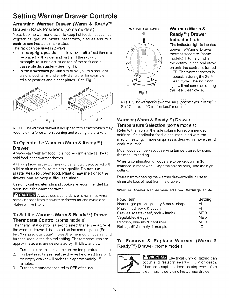 Warmer drawer recommended food settings table, Food item setting, Setting warmer drawer controls | Il^caution, A warning | Kenmore 790.9643 User Manual | Page 16 / 23